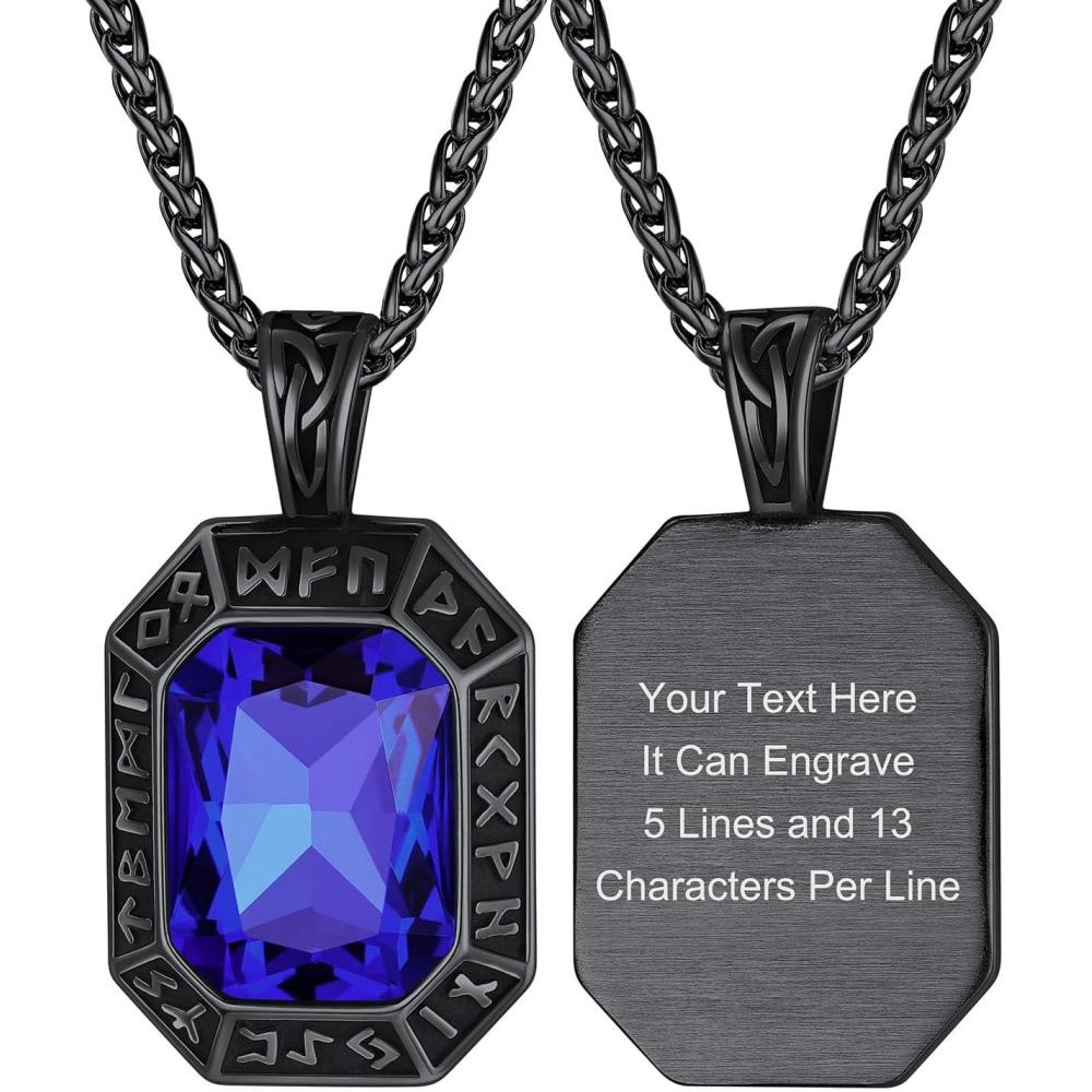 imageChainsHouse Viking Rune Pendant Necklace for Men Women Punk Biker Black Metal316L Stainless Steel Onyx Norse Vintage Amulet Necklaces with BlackRedGreenBlue Gemstone Send Gift BoxP BlackBlue StoneCustom