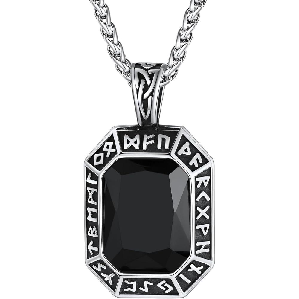 imageChainsHouse Viking Rune Pendant Necklace for Men Women Punk Biker Black Metal316L Stainless Steel Onyx Norse Vintage Amulet Necklaces with BlackRedGreenBlue Gemstone Send Gift BoxA Stainless SteelBlack Stone