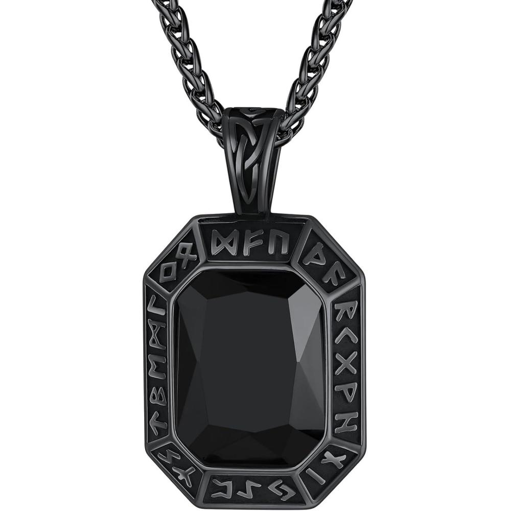 imageChainsHouse Viking Rune Pendant Necklace for Men Women Punk Biker Black Metal316L Stainless Steel Onyx Norse Vintage Amulet Necklaces with BlackRedGreenBlue Gemstone Send Gift BoxF Cool BlackBlack Stone