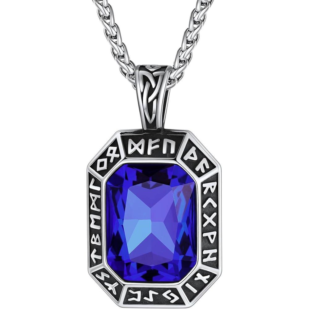 imageChainsHouse Viking Rune Pendant Necklace for Men Women Punk Biker Black Metal316L Stainless Steel Onyx Norse Vintage Amulet Necklaces with BlackRedGreenBlue Gemstone Send Gift BoxB Stainless SteelBlue Stone