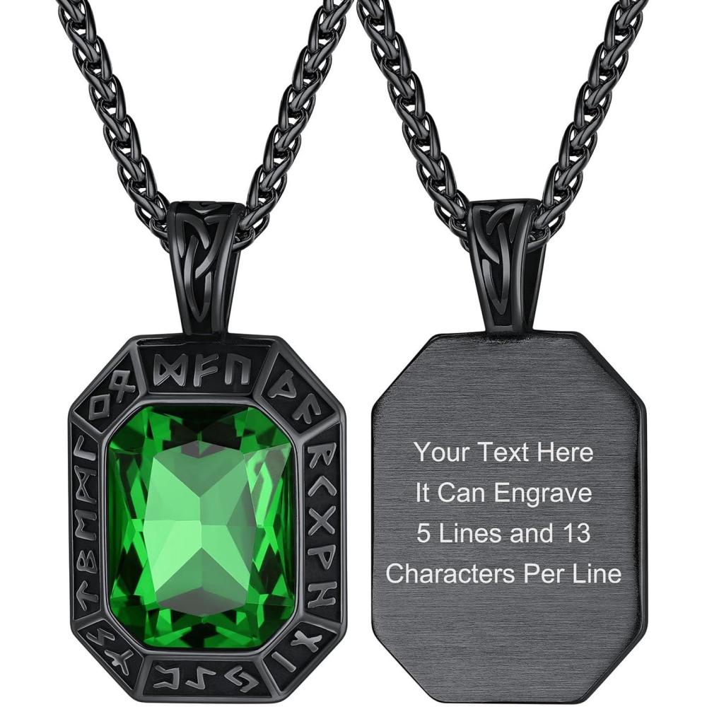 imageChainsHouse Viking Rune Pendant Necklace for Men Women Punk Biker Black Metal316L Stainless Steel Onyx Norse Vintage Amulet Necklaces with BlackRedGreenBlue Gemstone Send Gift BoxO BlackGreen StoneCustom