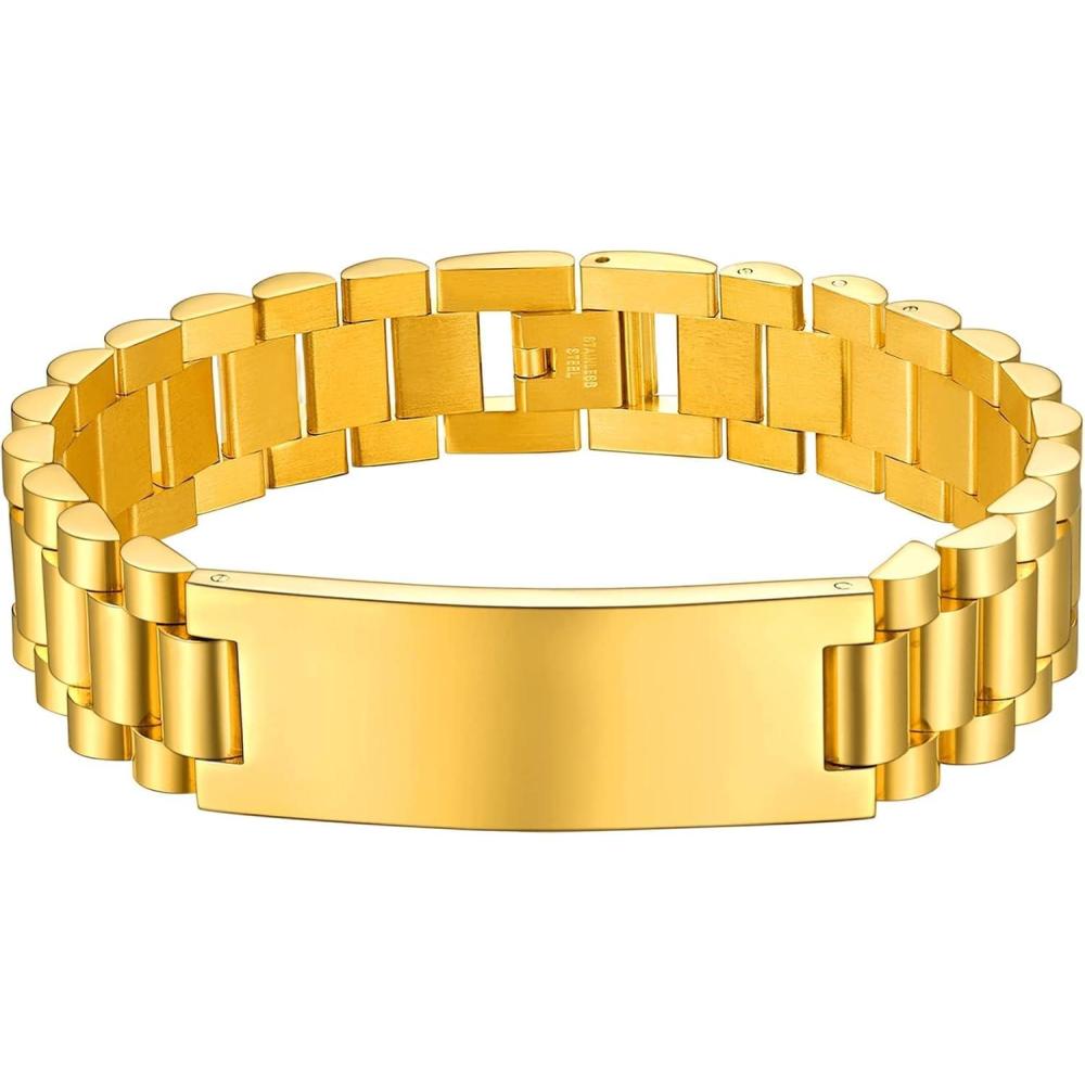 imageChainsHouse Wristband ID Bracelets for Men Stainless Steel18K GoldBlack Metal Plated Personalized Engrave Chunky Bracelet Bangle with Removal Tool 15MM155MM Width 827866 Inch Lengthh 15mm widthGold