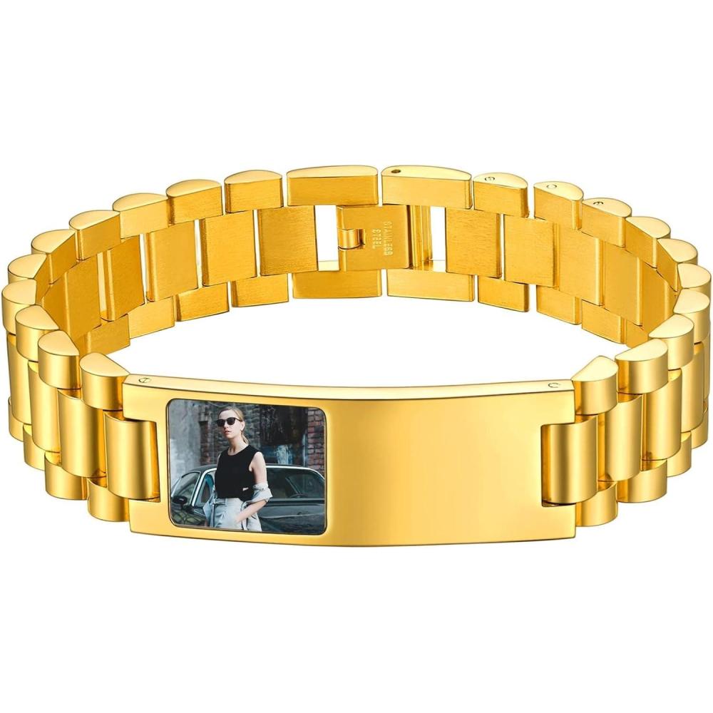 imageChainsHouse Wristband ID Bracelets for Men Stainless Steel18K GoldBlack Metal Plated Personalized Engrave Chunky Bracelet Bangle with Removal Tool 15MM155MM Width 827866 Inch Lengthr 15mm widthGoldphoto custom