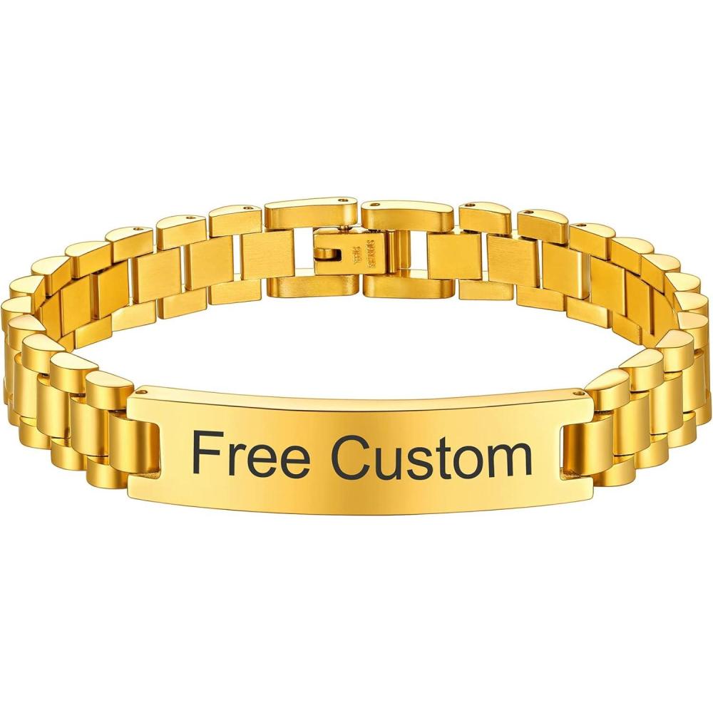 imageChainsHouse Wristband ID Bracelets for Men Stainless Steel18K GoldBlack Metal Plated Personalized Engrave Chunky Bracelet Bangle with Removal Tool 15MM155MM Width 827866 Inch Lengthl 10mm widthGoldCustom