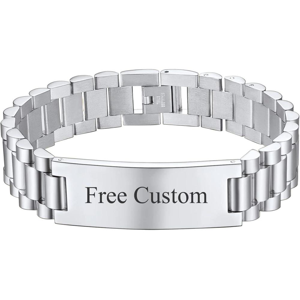 imageChainsHouse Wristband ID Bracelets for Men Stainless Steel18K GoldBlack Metal Plated Personalized Engrave Chunky Bracelet Bangle with Removal Tool 15MM155MM Width 827866 Inch Lengthm 15mm widthSteelText Custom