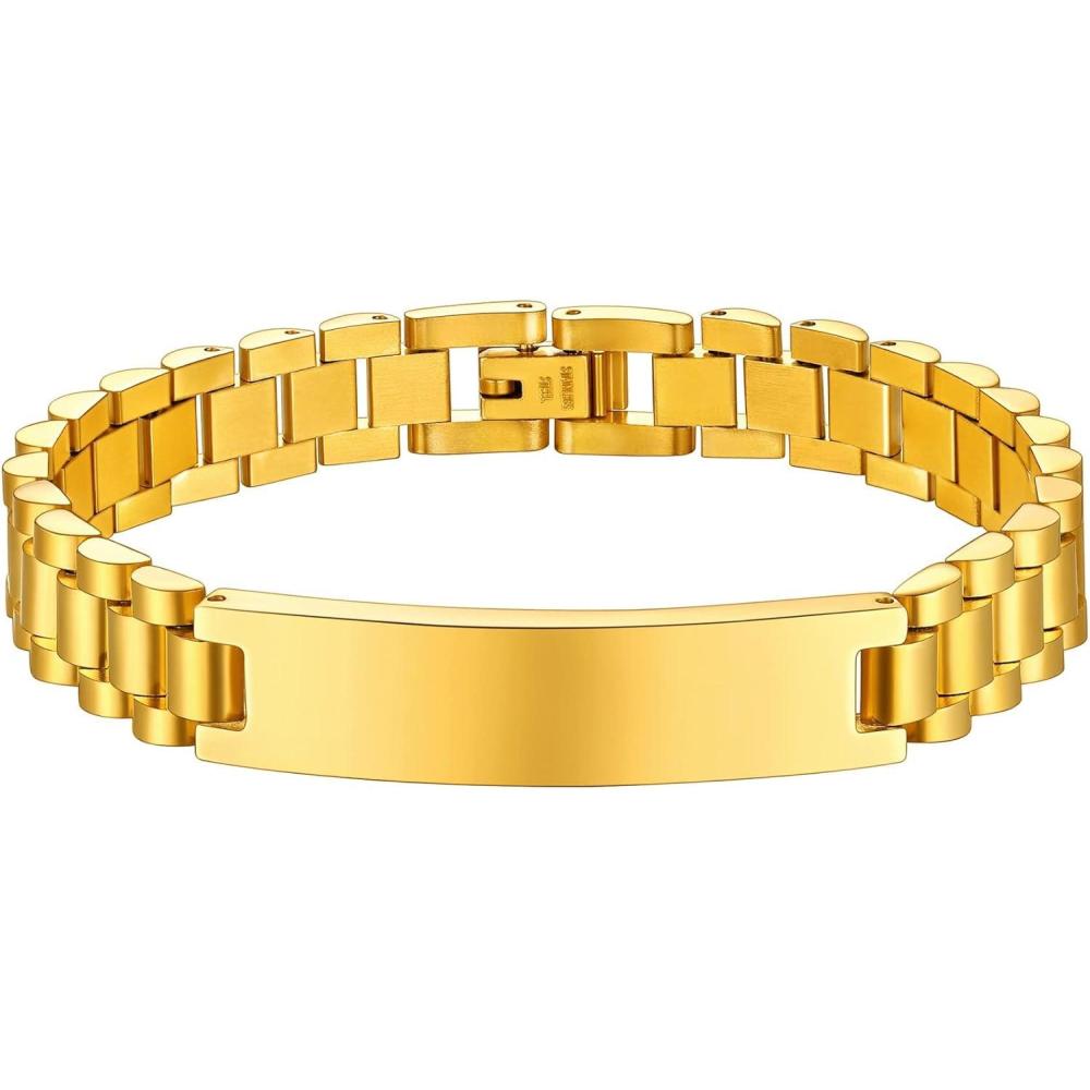 imageChainsHouse Wristband ID Bracelets for Men Stainless Steel18K GoldBlack Metal Plated Personalized Engrave Chunky Bracelet Bangle with Removal Tool 15MM155MM Width 827866 Inch Lengthg 10mm widthGold