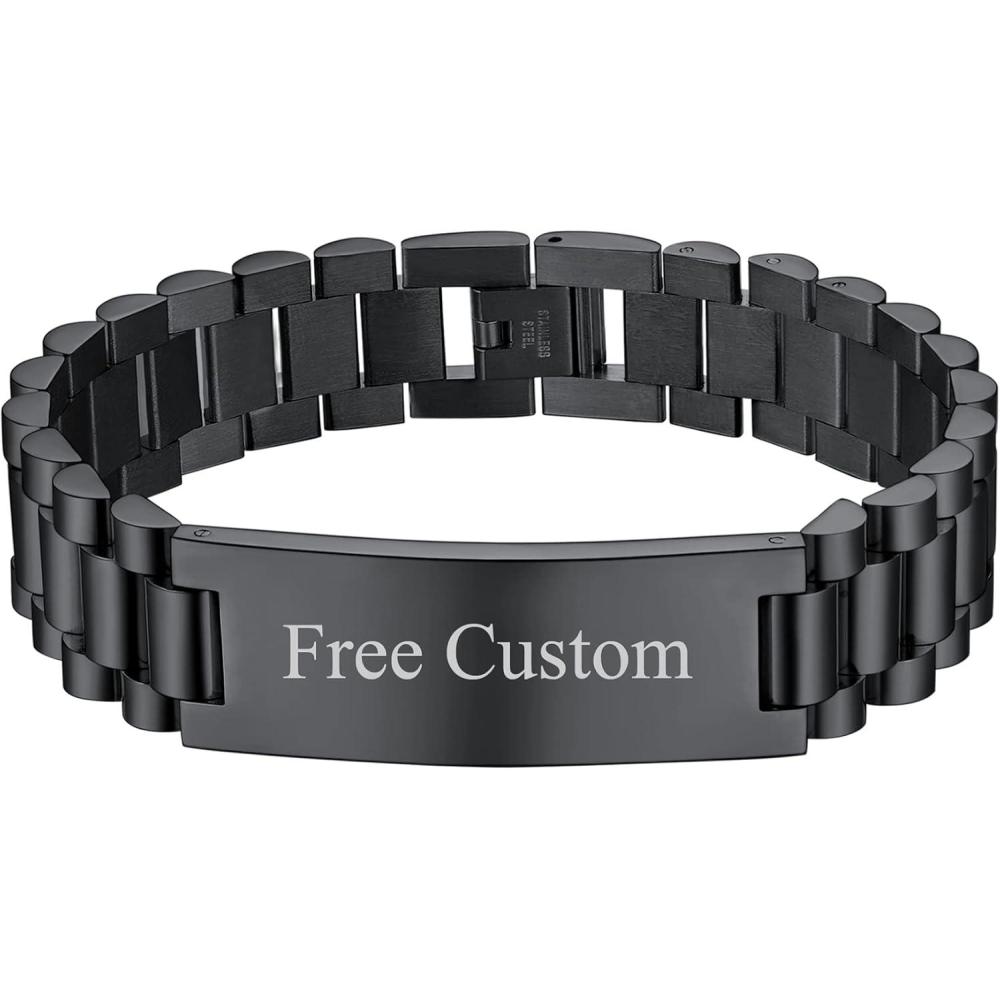 imageChainsHouse Wristband ID Bracelets for Men Stainless Steel18K GoldBlack Metal Plated Personalized Engrave Chunky Bracelet Bangle with Removal Tool 15MM155MM Width 827866 Inch Lengthn 15mm widthBlackText Custom