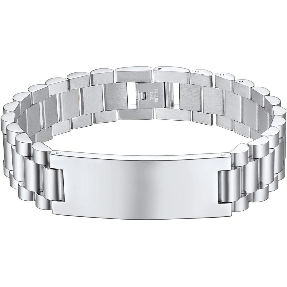 imageChainsHouse Wristband ID Bracelets for Men Stainless Steel18K GoldBlack Metal Plated Personalized Engrave Chunky Bracelet Bangle with Removal Tool 15MM155MM Width 827866 Inch Lengthb 15mm widthSteel