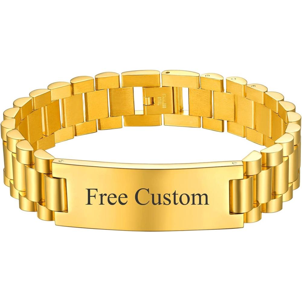 imageChainsHouse Wristband ID Bracelets for Men Stainless Steel18K GoldBlack Metal Plated Personalized Engrave Chunky Bracelet Bangle with Removal Tool 15MM155MM Width 827866 Inch Lengtho 15mm widthGoldText Custom