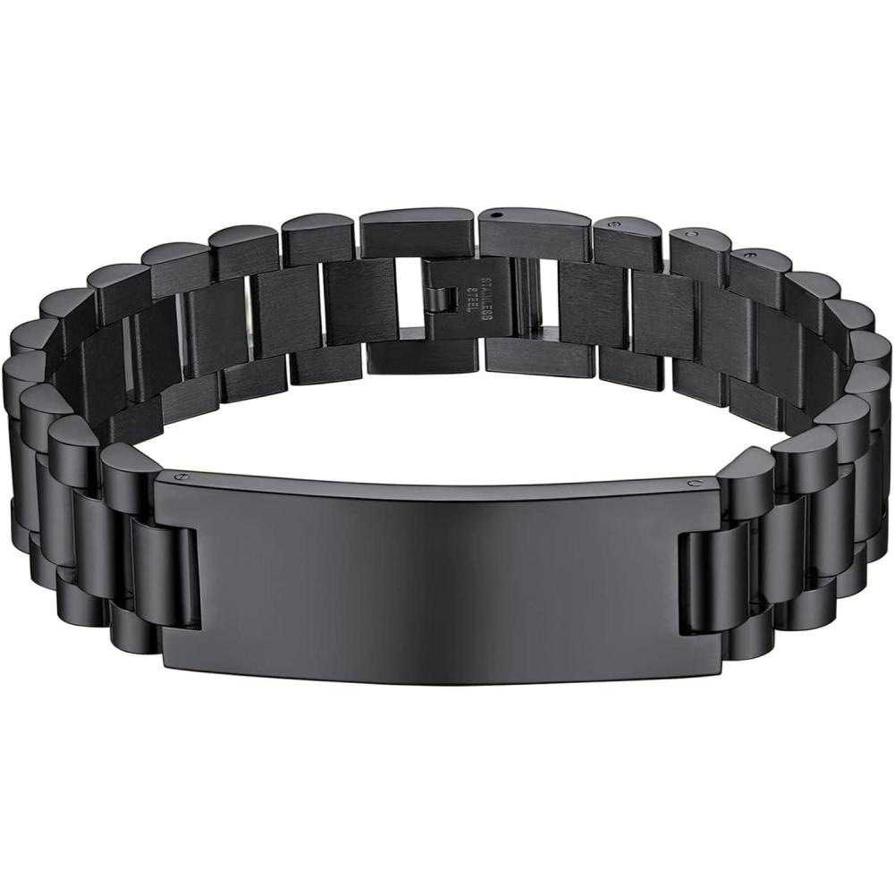 imageChainsHouse Wristband ID Bracelets for Men Stainless Steel18K GoldBlack Metal Plated Personalized Engrave Chunky Bracelet Bangle with Removal Tool 15MM155MM Width 827866 Inch Lengthe 15mm widthBlack