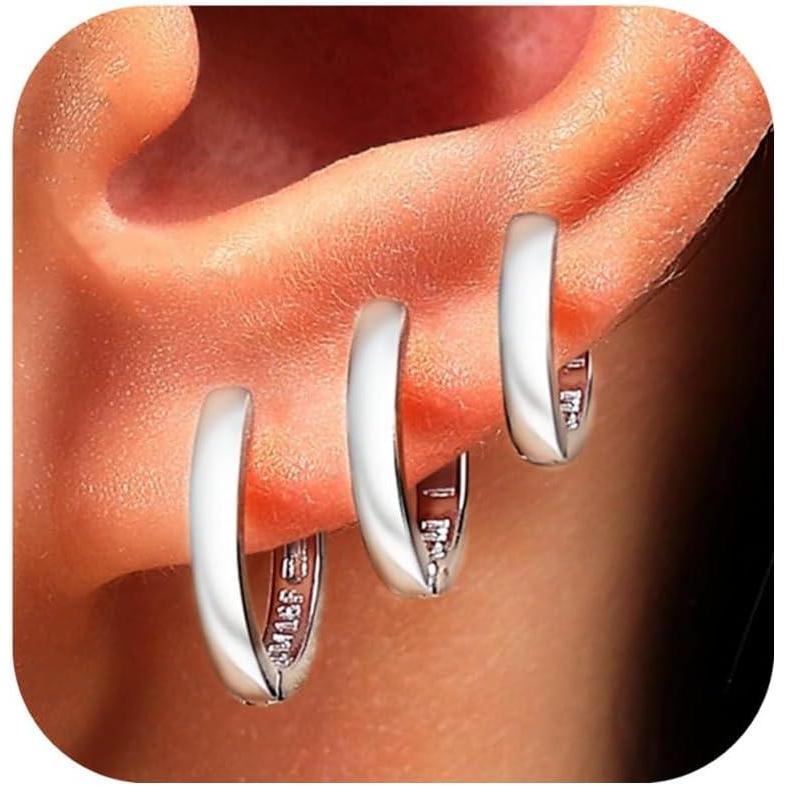 imageORANGELOVE 3 Pairs 14K Gold Plated Huggie Hoop Earrings Set for Women or Men Lightweight Hypoallergenic Small Hoop Earring Pack Multiple Piercing Stacks Cartilage Piercing JewelrySilver81012mm