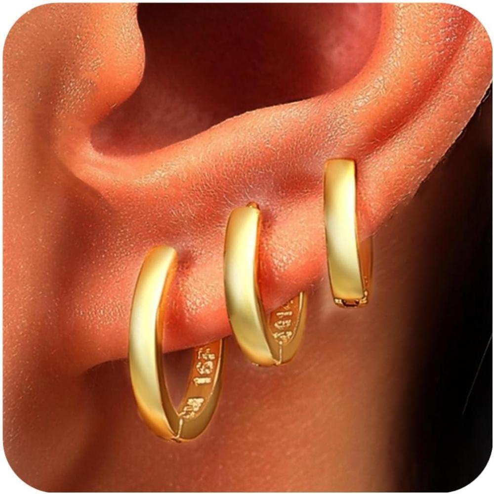 imageORANGELOVE 3 Pairs 14K Gold Plated Huggie Hoop Earrings Set for Women or Men Lightweight Hypoallergenic Small Hoop Earring Pack Multiple Piercing Stacks Cartilage Piercing JewelryGold91012mm