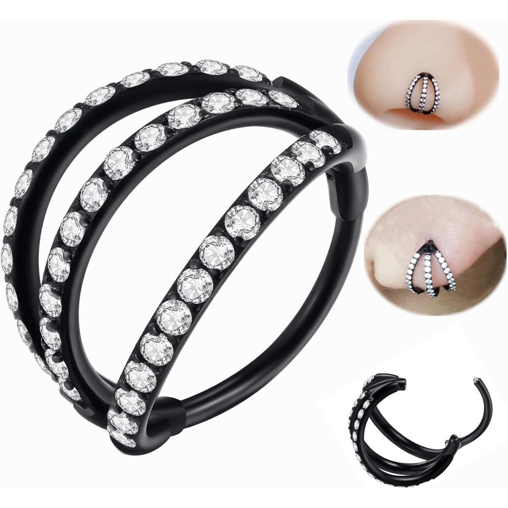 imageORANGELOVE 316L Surgical Steel Hinge Triple Hoop Segment Nose Rings Cartilage Hoop Seamless Hinged Clicker Ear Piercing for Helix Tragus Conch Cartilage Nostril Piercings 20G 18G 16GBlackCZ Triple Hoop