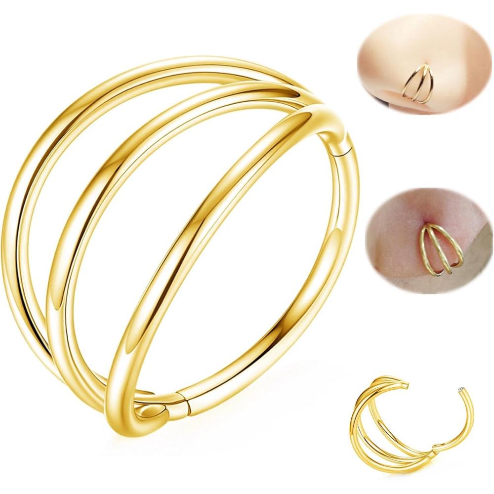 imageORANGELOVE 316L Surgical Steel Hinge Triple Hoop Segment Nose Rings Cartilage Hoop Seamless Hinged Clicker Ear Piercing for Helix Tragus Conch Cartilage Nostril Piercings 20G 18G 16GGoldTriple Hoop