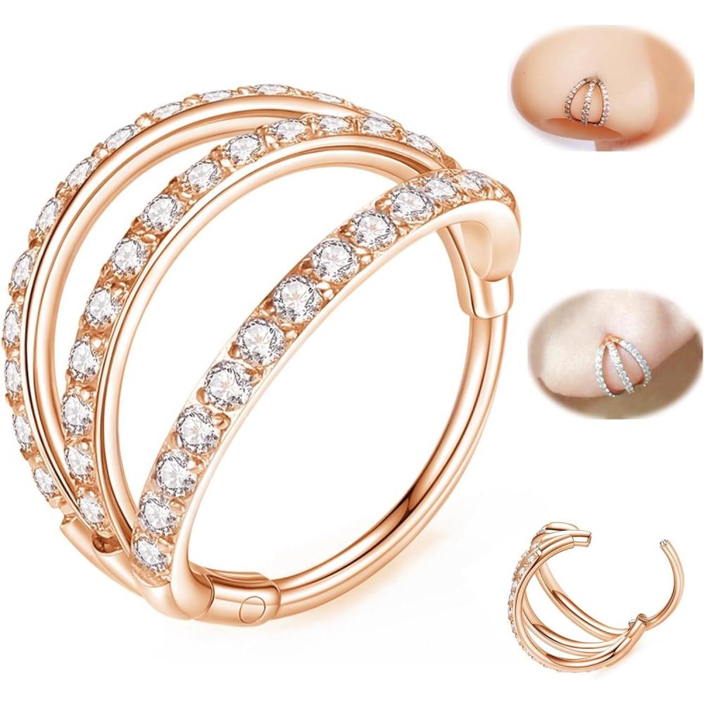 imageORANGELOVE 316L Surgical Steel Hinge Triple Hoop Segment Nose Rings Cartilage Hoop Seamless Hinged Clicker Ear Piercing for Helix Tragus Conch Cartilage Nostril Piercings 20G 18G 16GRose GoldCZ Triple Hoop