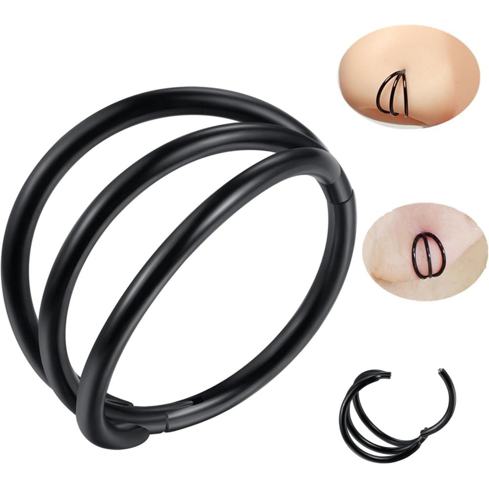 imageORANGELOVE 316L Surgical Steel Hinge Triple Hoop Segment Nose Rings Cartilage Hoop Seamless Hinged Clicker Ear Piercing for Helix Tragus Conch Cartilage Nostril Piercings 20G 18G 16GBlackTriple Hoop