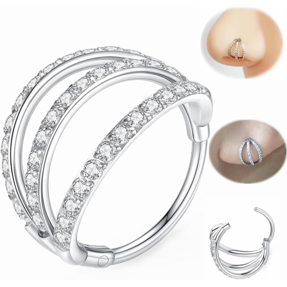 imageORANGELOVE 316L Surgical Steel Hinge Triple Hoop Segment Nose Rings Cartilage Hoop Seamless Hinged Clicker Ear Piercing for Helix Tragus Conch Cartilage Nostril Piercings 20G 18G 16GSilverCZ Triple Hoop