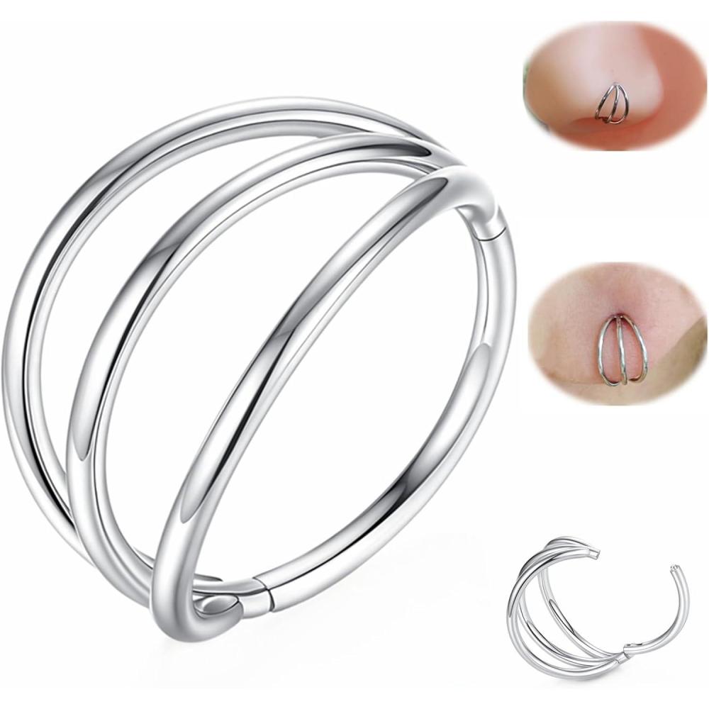 imageORANGELOVE 316L Surgical Steel Hinge Triple Hoop Segment Nose Rings Cartilage Hoop Seamless Hinged Clicker Ear Piercing for Helix Tragus Conch Cartilage Nostril Piercings 20G 18G 16GSilverTriple Hoop
