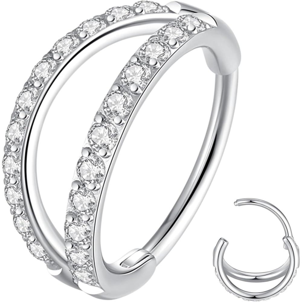imageORANGELOVE Double Hoop Nose Ring 18G 16G 316L Surgical Steel Cartilage Earring Septum Jewelry Seamless Hinged Clicker Segment Ring Conch Daith Tragus Helix Rook Piercing Earring Lip Ring1pcDouble Row CZ20G10mmSilver