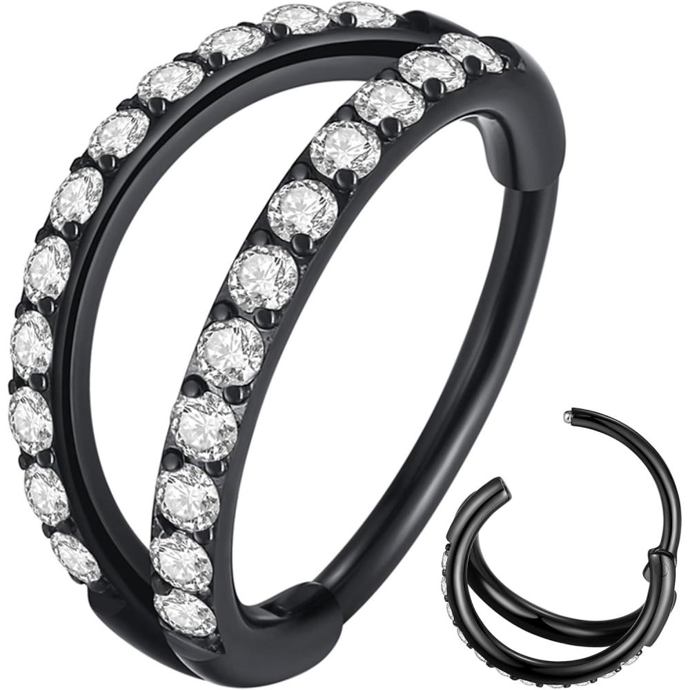 imageORANGELOVE Double Open Stack CZ Nose Ring Hoop 316L Surgical Steel Helix Rook Conch Cartilage Daith Tragus Earrings Hinged Segment Nostril Piercing Septum Clicker 20G 18G 16G Lip Ring1pc20G 12mm BlackClear CZ