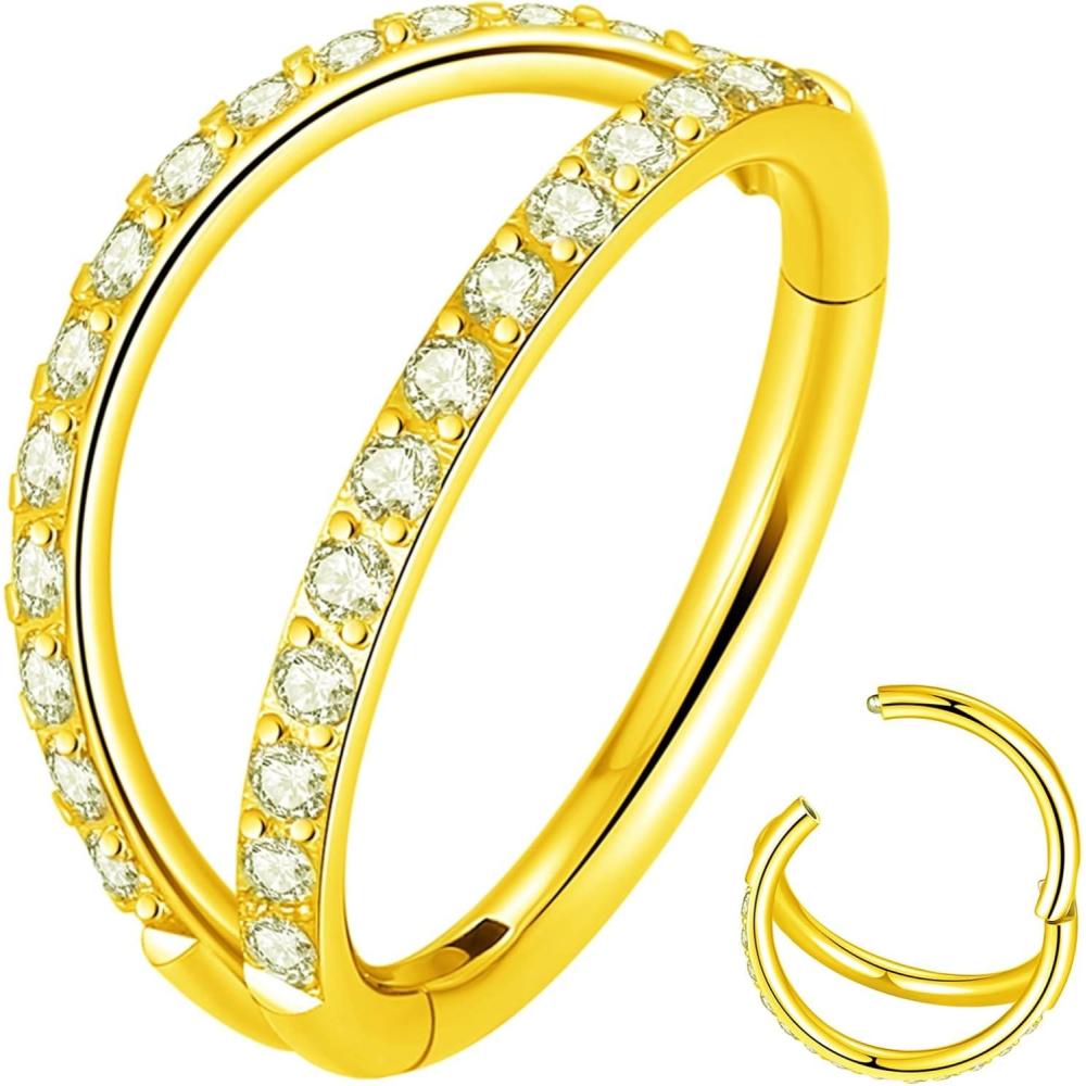 imageORANGELOVE Double Open Stack CZ Nose Ring Hoop 316L Surgical Steel Helix Rook Conch Cartilage Daith Tragus Earrings Hinged Segment Nostril Piercing Septum Clicker 20G 18G 16G Lip Ring1pc18G 7mm GoldClear CZ