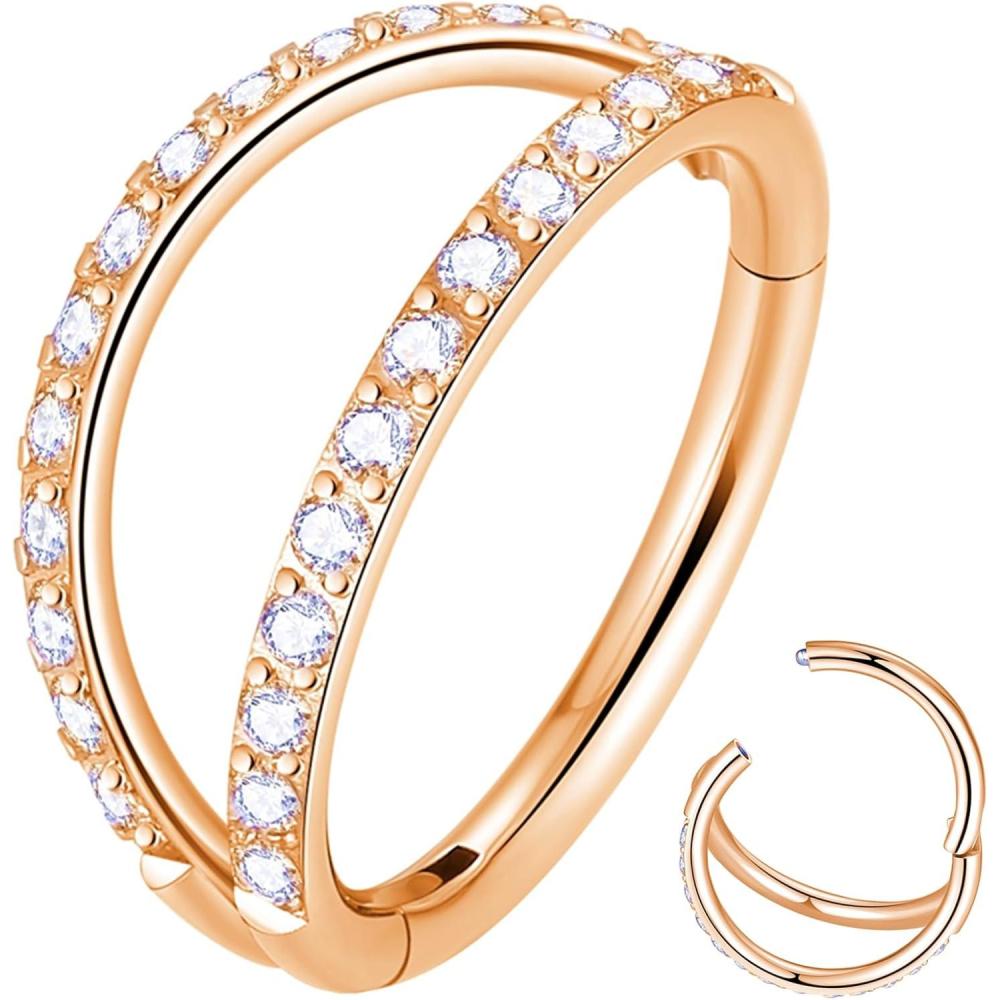 imageORANGELOVE Double Open Stack CZ Nose Ring Hoop 316L Surgical Steel Helix Rook Conch Cartilage Daith Tragus Earrings Hinged Segment Nostril Piercing Septum Clicker 20G 18G 16G Lip Ring1pc18G 7mm Rose GoldClear CZ