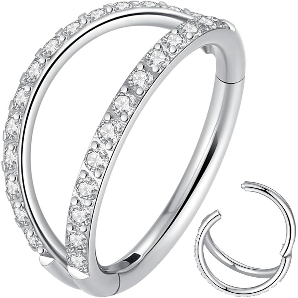 imageORANGELOVE Double Open Stack CZ Nose Ring Hoop 316L Surgical Steel Helix Rook Conch Cartilage Daith Tragus Earrings Hinged Segment Nostril Piercing Septum Clicker 20G 18G 16G Lip Ring1pc16G 10mm SilverClear CZ