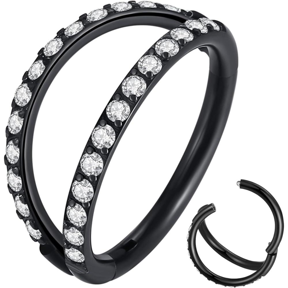 imageORANGELOVE Double Open Stack CZ Nose Ring Hoop 316L Surgical Steel Helix Rook Conch Cartilage Daith Tragus Earrings Hinged Segment Nostril Piercing Septum Clicker 20G 18G 16G Lip Ring1pc18G 9mm BlackClear CZ