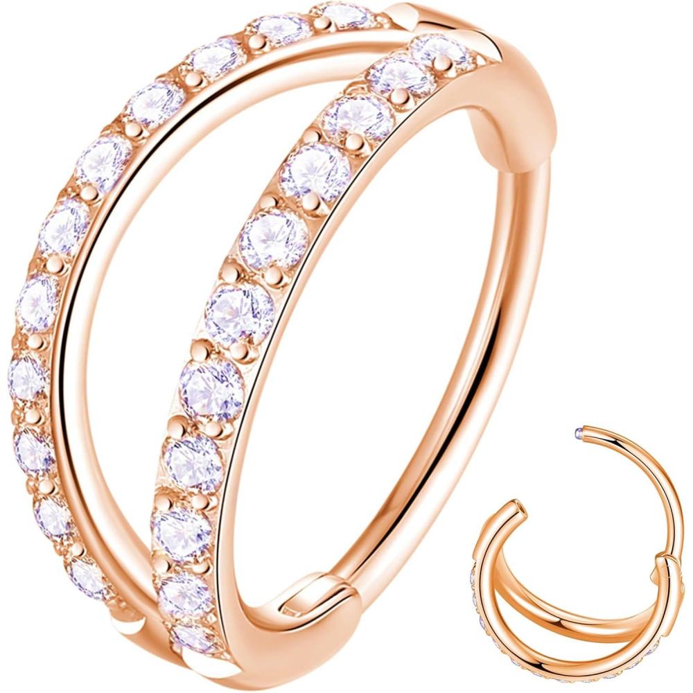 imageORANGELOVE Double Open Stack CZ Nose Ring Hoop 316L Surgical Steel Helix Rook Conch Cartilage Daith Tragus Earrings Hinged Segment Nostril Piercing Septum Clicker 20G 18G 16G Lip Ring1pc20G 6mm Rose GoldClear CZ