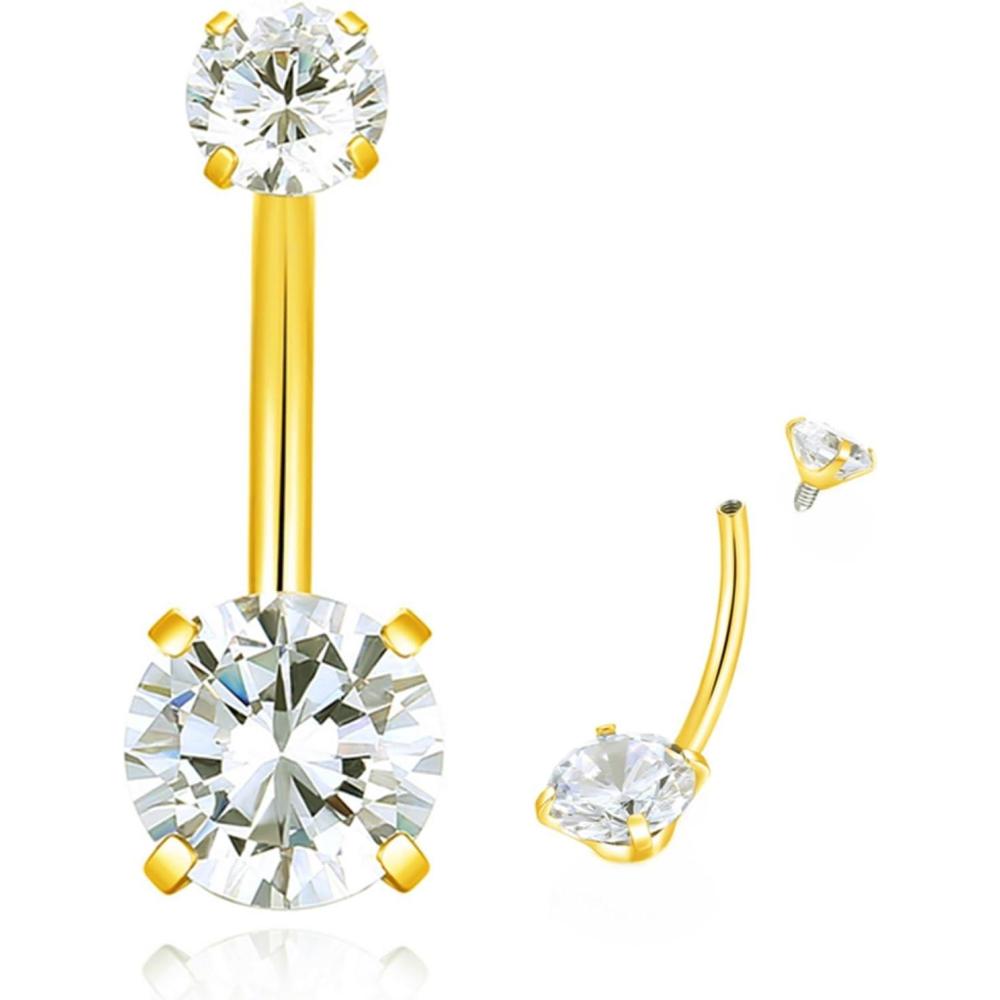 imageORANGELOVE G23 Titanium 14G Belly Button Rings Cubic Zirconia Internally Threaded CZ Belly Ring Navel Barbell Stud Body Piercing Jewelry 14 Gauge 8mm 10mm 12mm 14mm14GBar Length12mmGold
