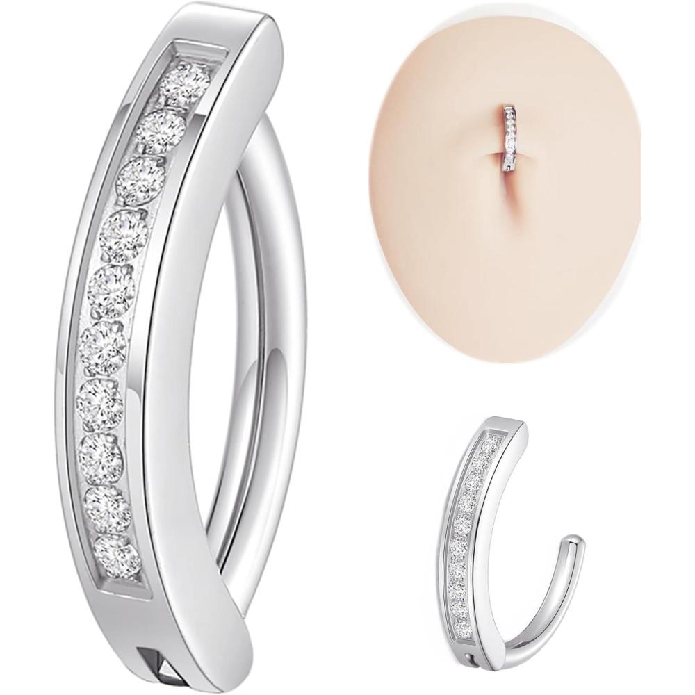 imageORANGELOVE G23 Titanium 14G Belly Button Rings for Women Hinged Hoop Clicker Belly Ring Reverse Curved Navel Ring Floating Navel Barbell Piercing Jewelry 14 Gauge 8mm 10mm 12mm 14mmCZ Silver