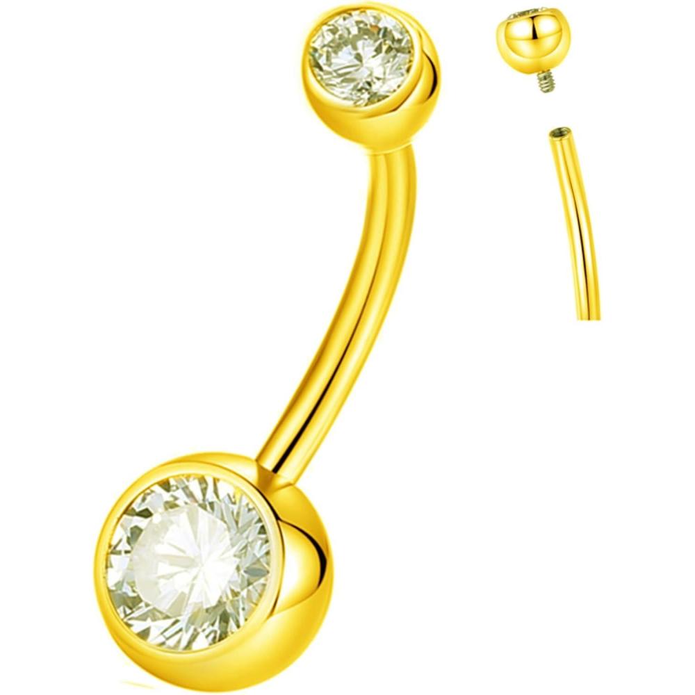 imageORANGELOVE G23 Titanium Belly Button Ring CZ Round Cubic Zirconia Internally Threaded Navel Piercing Ring 14mm 12mm 10mm 8mm 14G Belly Piercings Barbell Jewelry for Women ampamp Men14GBar Length14mmGold