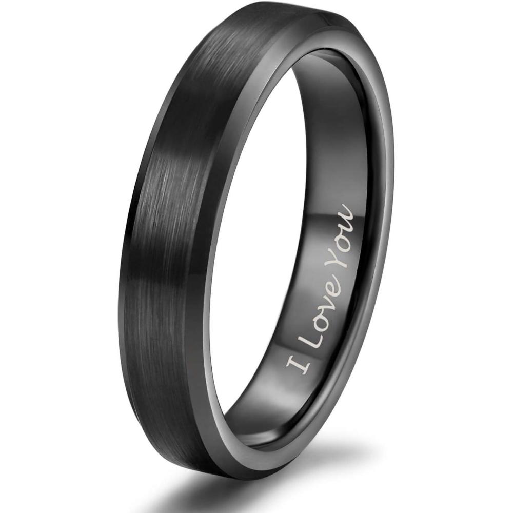 imageTRUMIUM 2mm 4mm 6mm 8mm 10mm Tungsten Ring Wedding Band for Women Men Bevel Edges Brushed Comfort Fit Size 415Black 4mm I Love You