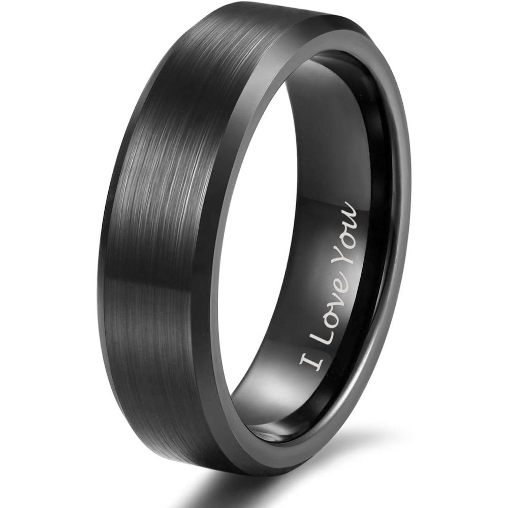 imageTRUMIUM 2mm 4mm 6mm 8mm 10mm Tungsten Ring Wedding Band for Women Men Bevel Edges Brushed Comfort Fit Size 415Black 6mm I Love You
