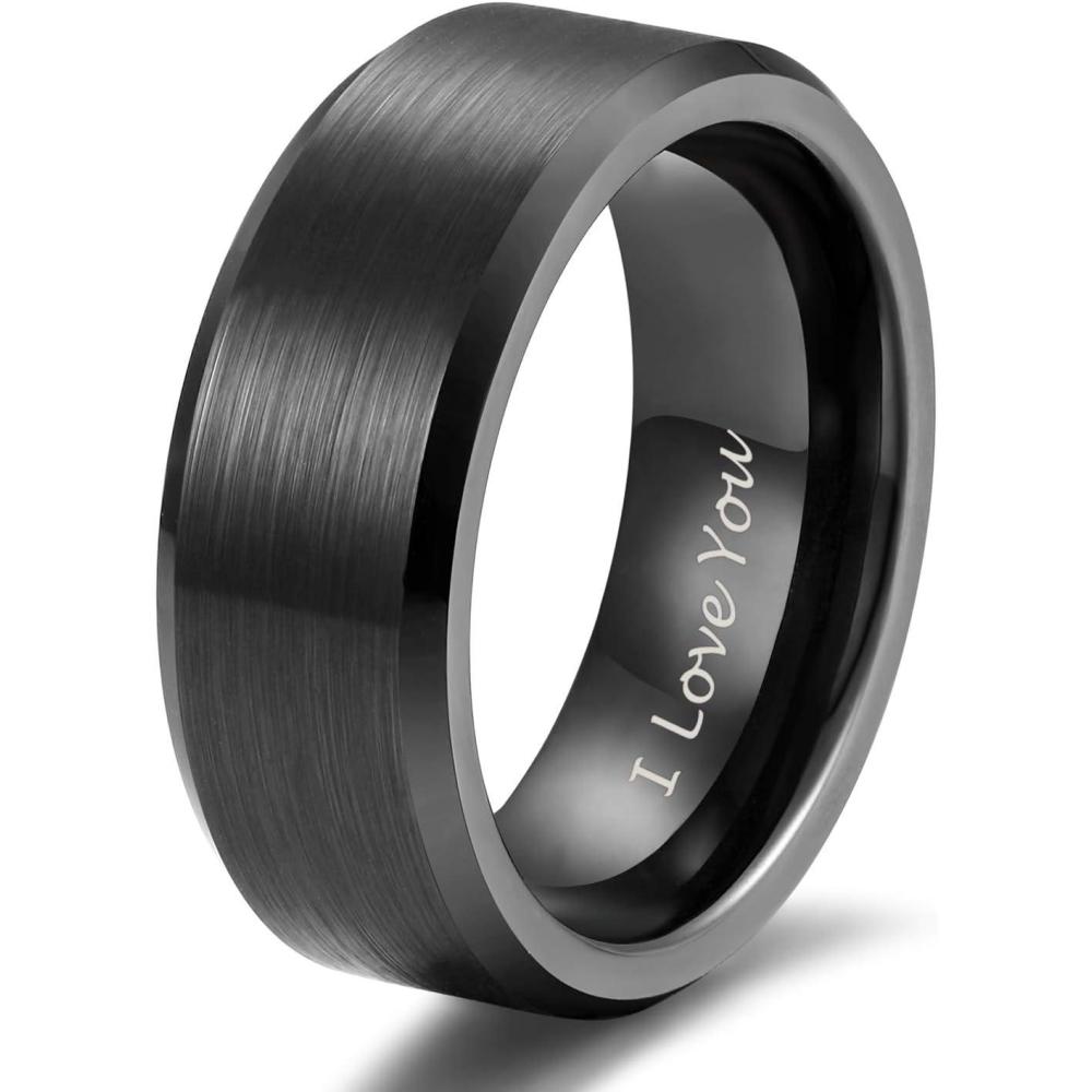 imageTRUMIUM 2mm 4mm 6mm 8mm 10mm Tungsten Ring Wedding Band for Women Men Bevel Edges Brushed Comfort Fit Size 415Black 8mm I Love You