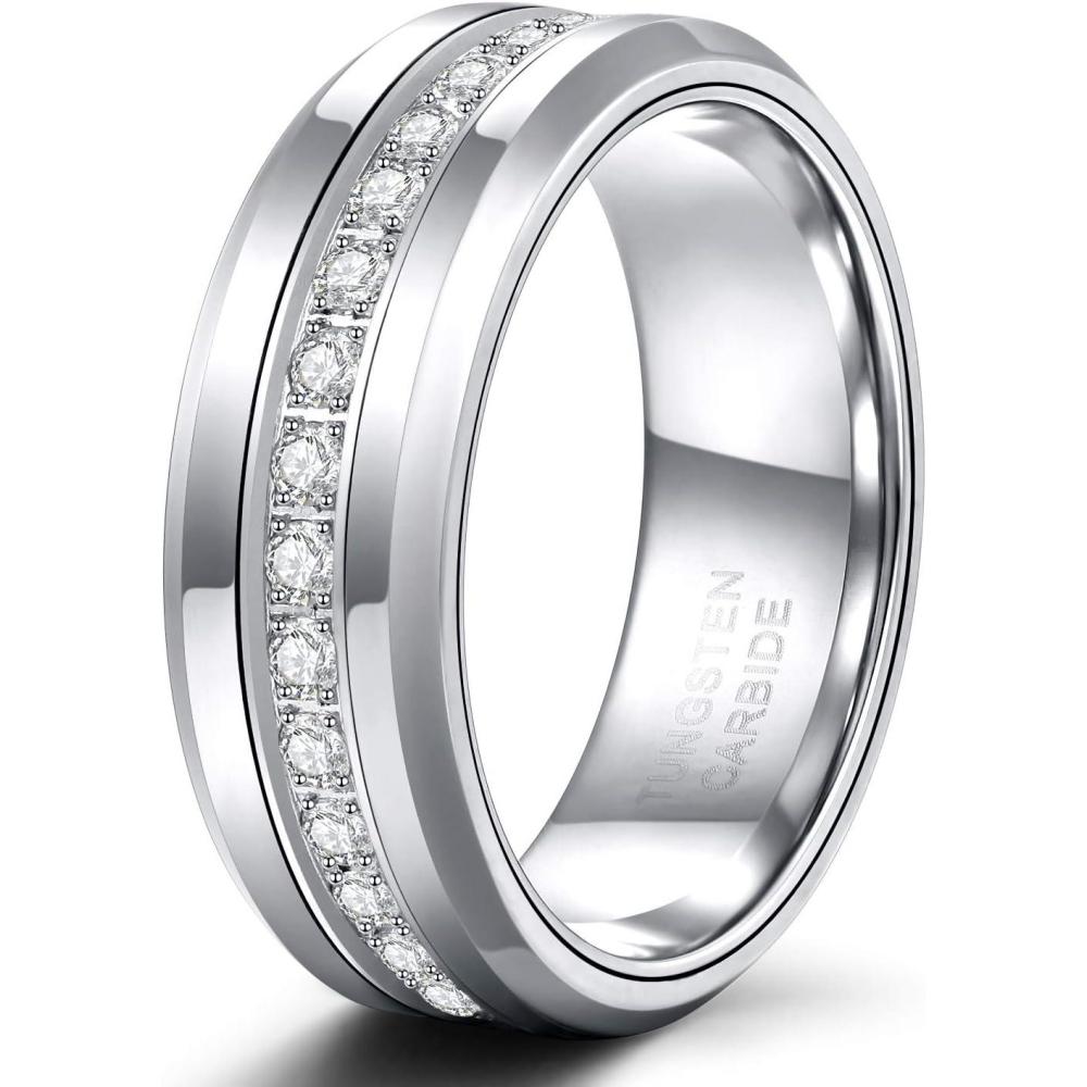 imageTRUMIUM 6mm 8mm Mens Tungsten Wedding Bands with Cubic Zirconia Eternity Ring CZ Inlaid Black Silver Plated 24K Gold Plated Tungsten Carbied Rings High Polish Size 7138mm silver plated