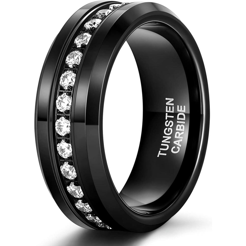 imageTRUMIUM 6mm 8mm Mens Tungsten Wedding Bands with Cubic Zirconia Eternity Ring CZ Inlaid Black Silver Plated 24K Gold Plated Tungsten Carbied Rings High Polish Size 713Black8mm