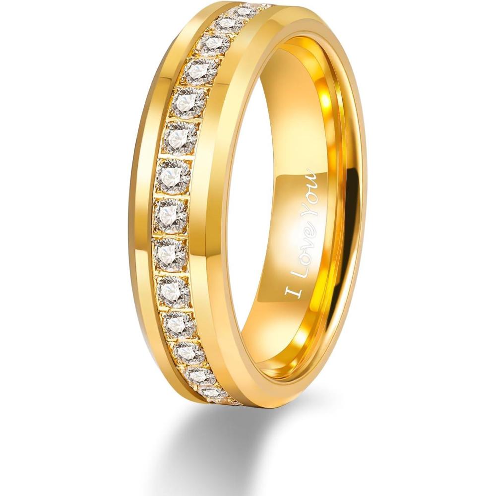 imageTRUMIUM 6mm 8mm Mens Tungsten Wedding Bands with Cubic Zirconia Eternity Ring CZ Inlaid Black Silver Plated 24K Gold Plated Tungsten Carbied Rings High Polish Size 7136mm I Love You Engraved
