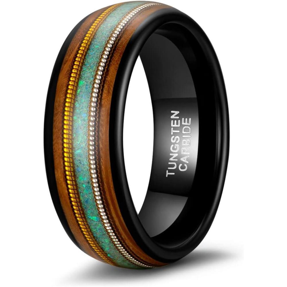 imageTRUMIUM 6mm 8mm Mens Wedding Band Tungsten Rings for Men Women Whiskey Wood Turquoise Opal Guitar String Black Wedding Rings Beveled Edges Comfort Fit Size 613Silver Guitar Strings8mm