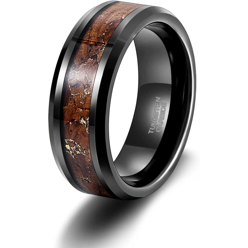 imageTRUMIUM 6mm 8mm Mens Wedding Band Tungsten Rings for Men Women Whiskey Wood Turquoise Opal Guitar String Black Wedding Rings Beveled Edges Comfort Fit Size 6138mm Wood