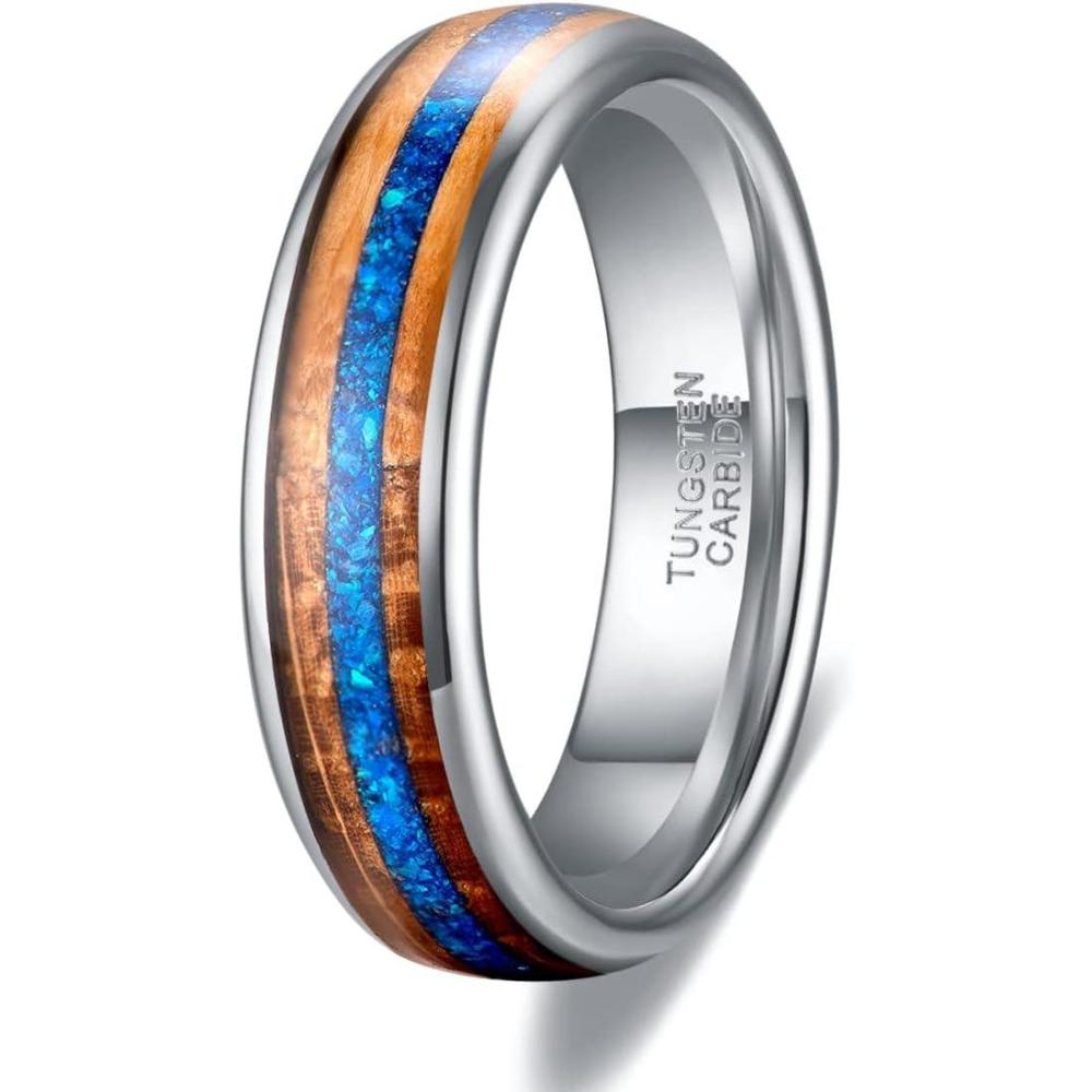imageTRUMIUM 6mm 8mm Mens Wedding Band Tungsten Rings for Men Women Whiskey Wood Turquoise Opal Guitar String Black Wedding Rings Beveled Edges Comfort Fit Size 613Whisky Wood Opal6mm