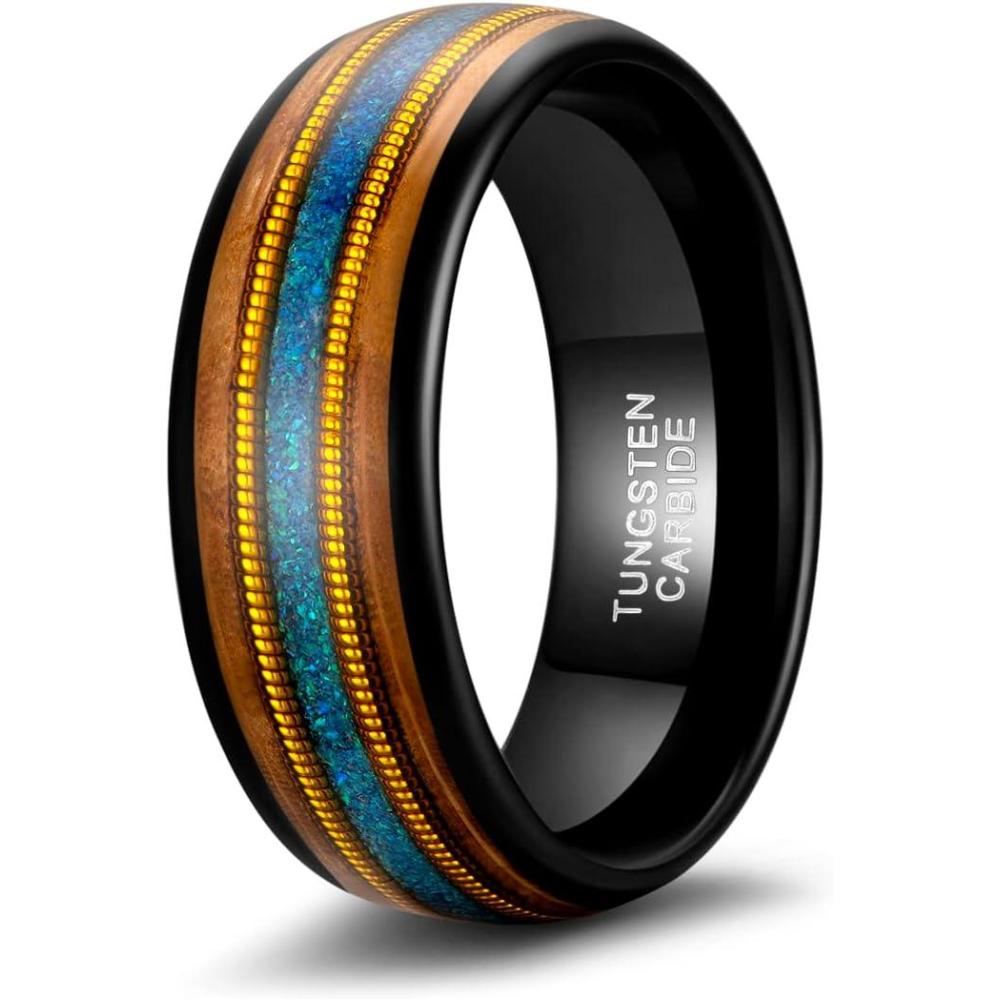 imageTRUMIUM 6mm 8mm Mens Wedding Band Tungsten Rings for Men Women Whiskey Wood Turquoise Opal Guitar String Black Wedding Rings Beveled Edges Comfort Fit Size 613Gold Guitar Strings8mm