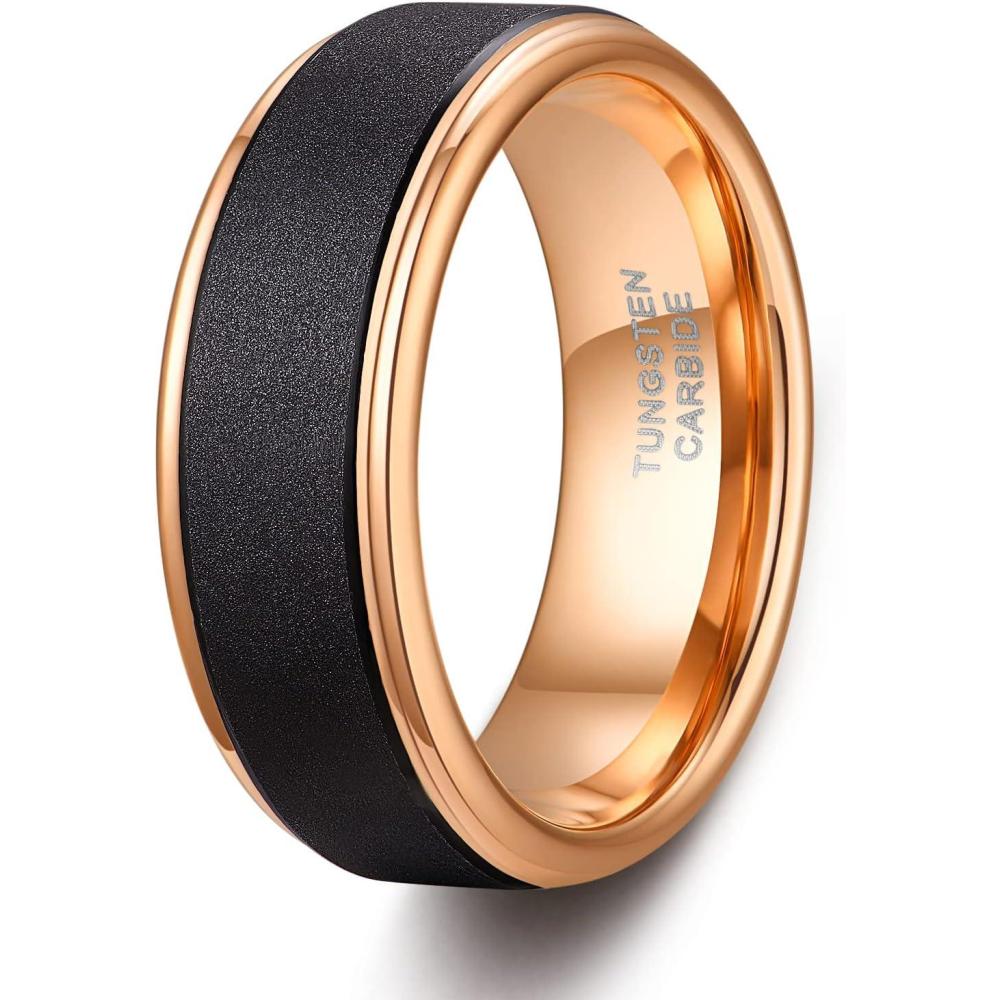 imageTRUMIUM 6mm 8mm Tungsten Rings for Men Women Black Wedding Band 24K Gold PlatedRose Gold Plated Step Edges Comfort Fit Size 6138mm Sandstone