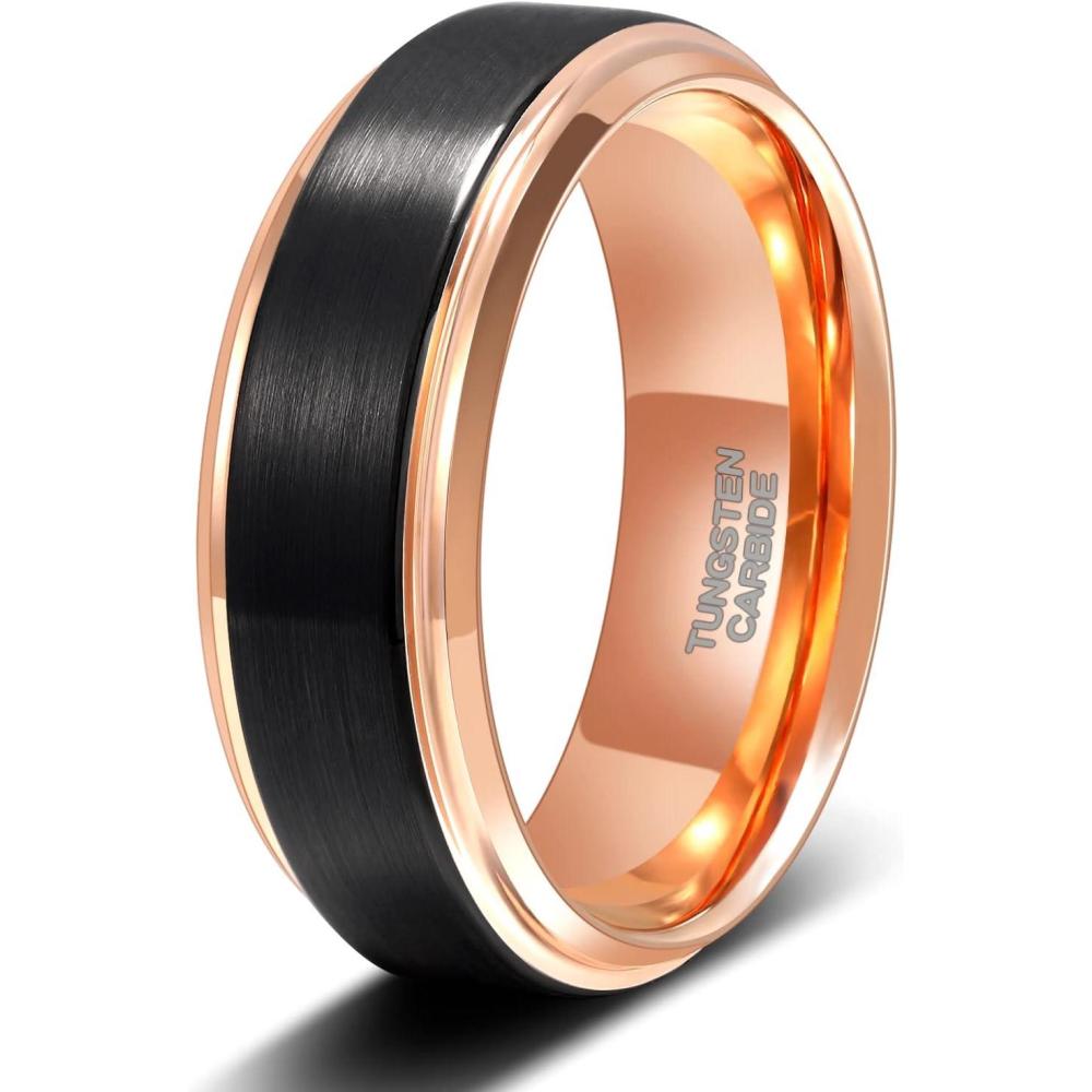 imageTRUMIUM 6mm 8mm Tungsten Rings for Men Women Black Wedding Band 24K Gold PlatedRose Gold Plated Step Edges Comfort Fit Size 6138mm rose gold plated