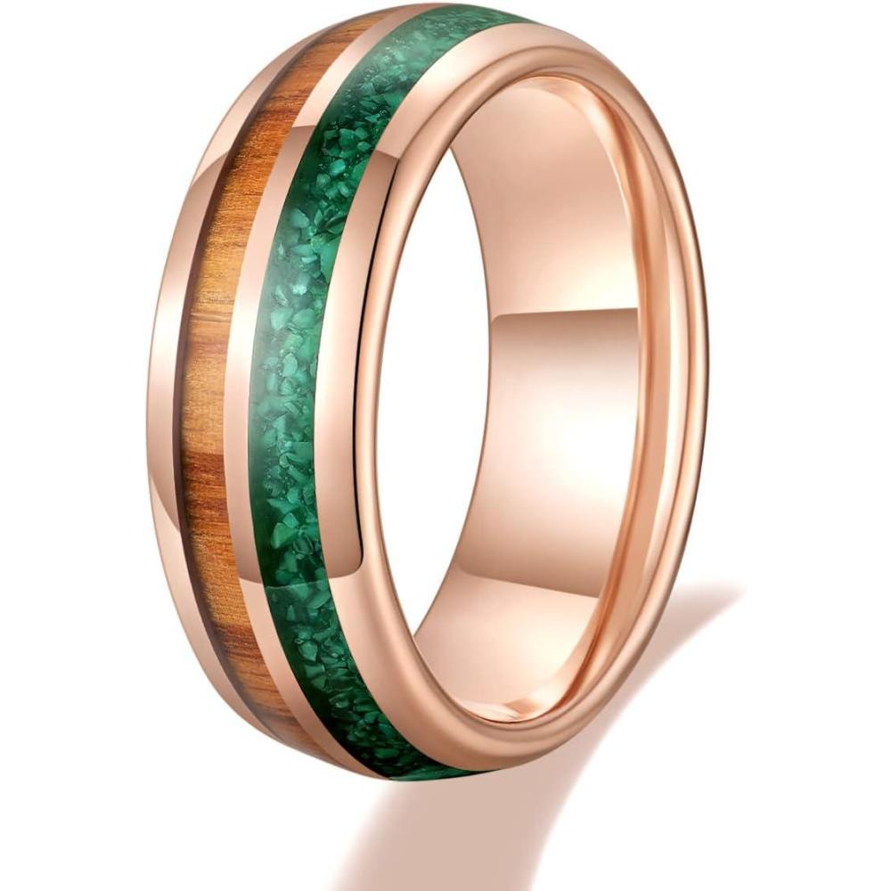 imageTRUMIUM 8mm Mens Wedding Band Malachite ampamp Wood Inlay Tungsten Carbide Rings Rose Gold Plated Engagement Band Beveled Edges Comfort Fit Size 6138mm malachite