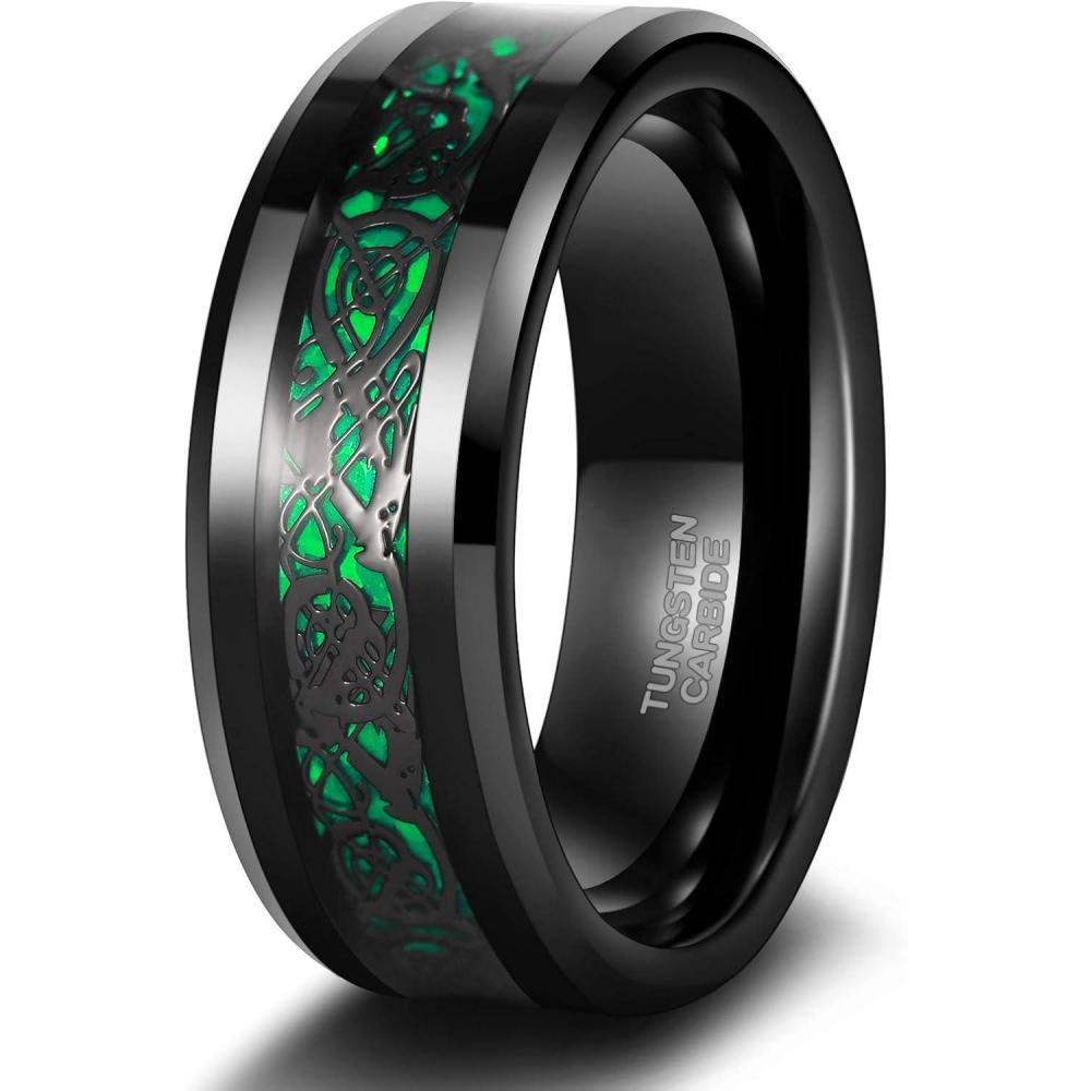 imageTRUMIUM 8mm Tungsten Carbide Rings for Men Women Celtic Dragon Cubic Zirconia Promise Wedding Ring BlackBlueGreenRed Comfort Fit Size 7148mm Green