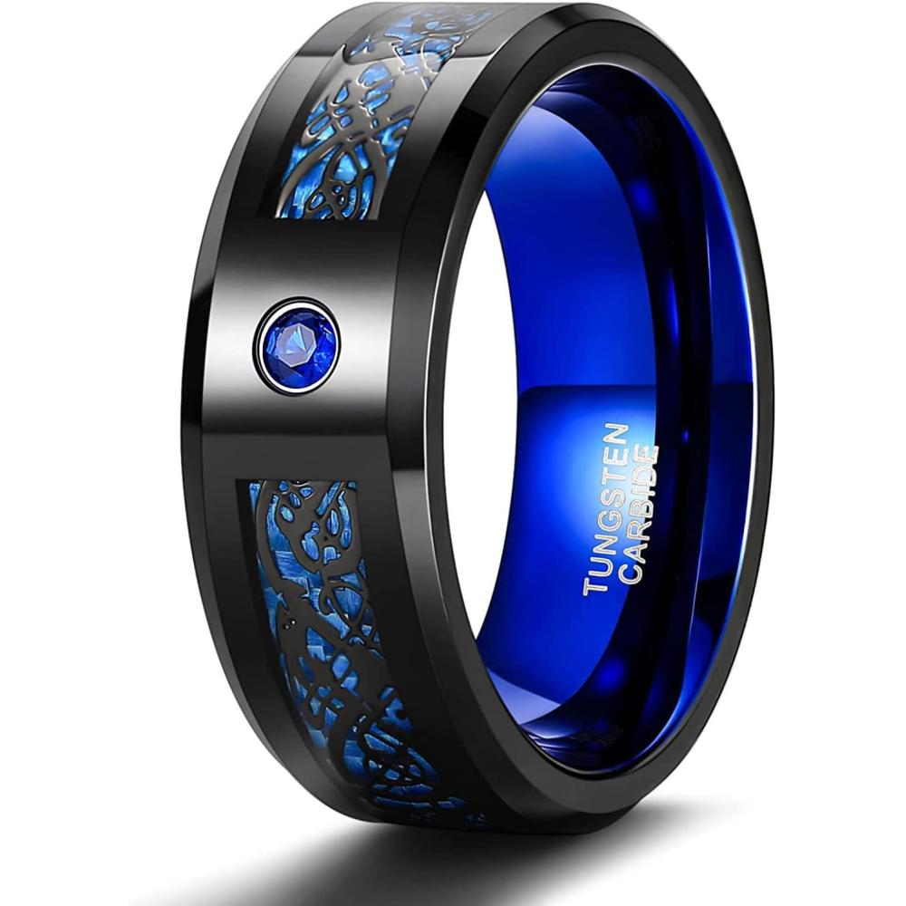 imageTRUMIUM 8mm Tungsten Carbide Rings for Men Women Celtic Dragon Cubic Zirconia Promise Wedding Ring BlackBlueGreenRed Comfort Fit Size 714Blue