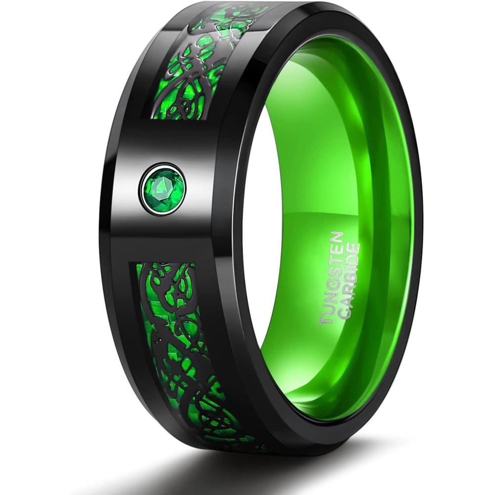imageTRUMIUM 8mm Tungsten Carbide Rings for Men Women Celtic Dragon Cubic Zirconia Promise Wedding Ring BlackBlueGreenRed Comfort Fit Size 714Green