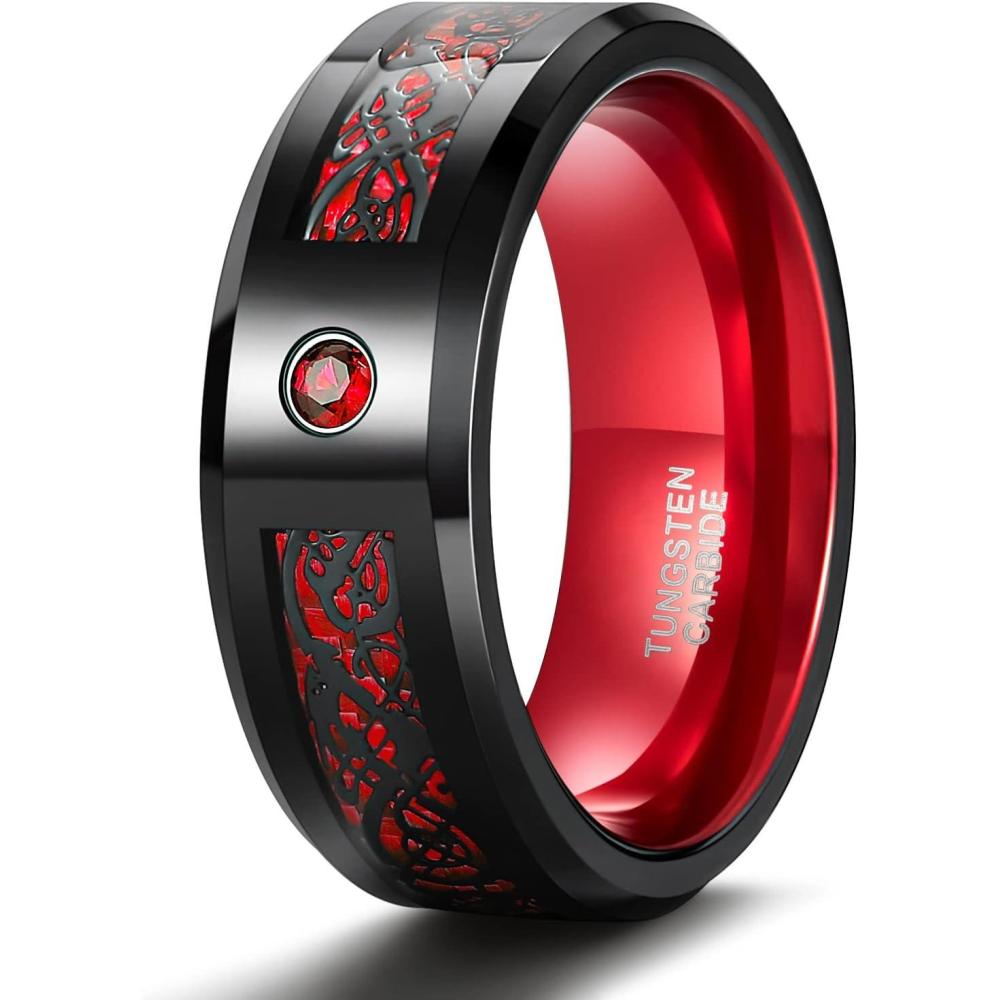 imageTRUMIUM 8mm Tungsten Carbide Rings for Men Women Celtic Dragon Cubic Zirconia Promise Wedding Ring BlackBlueGreenRed Comfort Fit Size 714Red