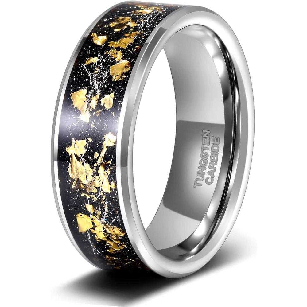 imageTRUMIUM 8mm Tungsten Rings for Men Women Silver Wedding Band Foils and Black Sandstone White Meteorite Filament Inlay Beveled Edges Comfort Fit Size 6138mm silver plated